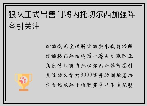 狼队正式出售门将内托切尔西加强阵容引关注